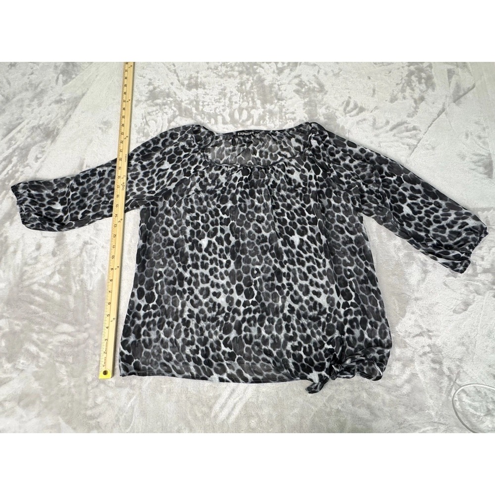 Express Sheer Black Leopard Spot Shirt Size Small Mid Sleeves Elastic Ruffles‎
